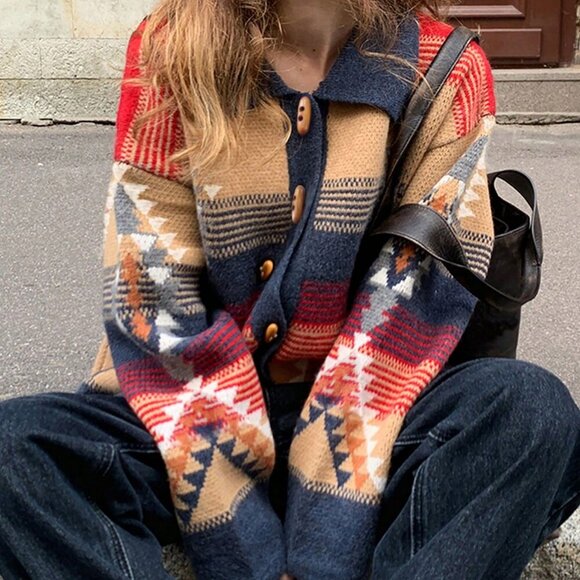 Multicolor Casual Women's  Geometric Pattern Lapel button down Cardigan - Picture 1 of 4